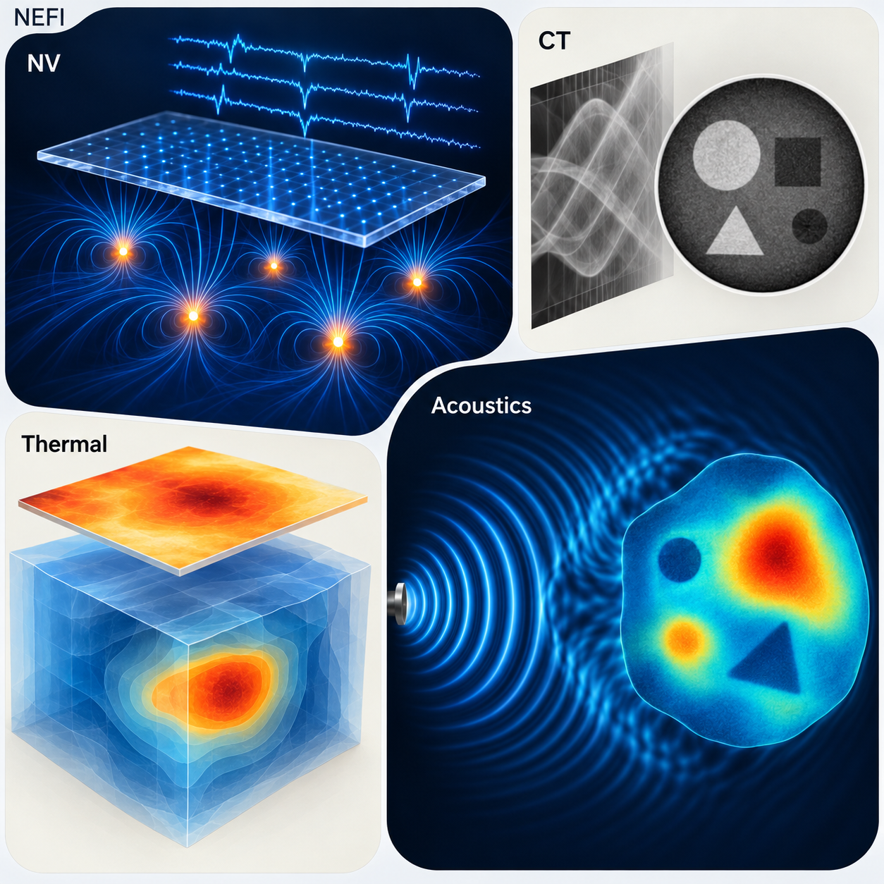 Conceptual NEFI examples: measurements and reconstructed fields for NV sensing, CT, thermal tomography, and acoustics